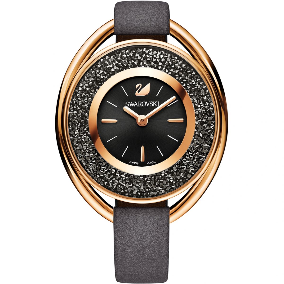 Swarovski Crystalline Oval Watch, Leather Strap, Gray, Rose Gold Tone