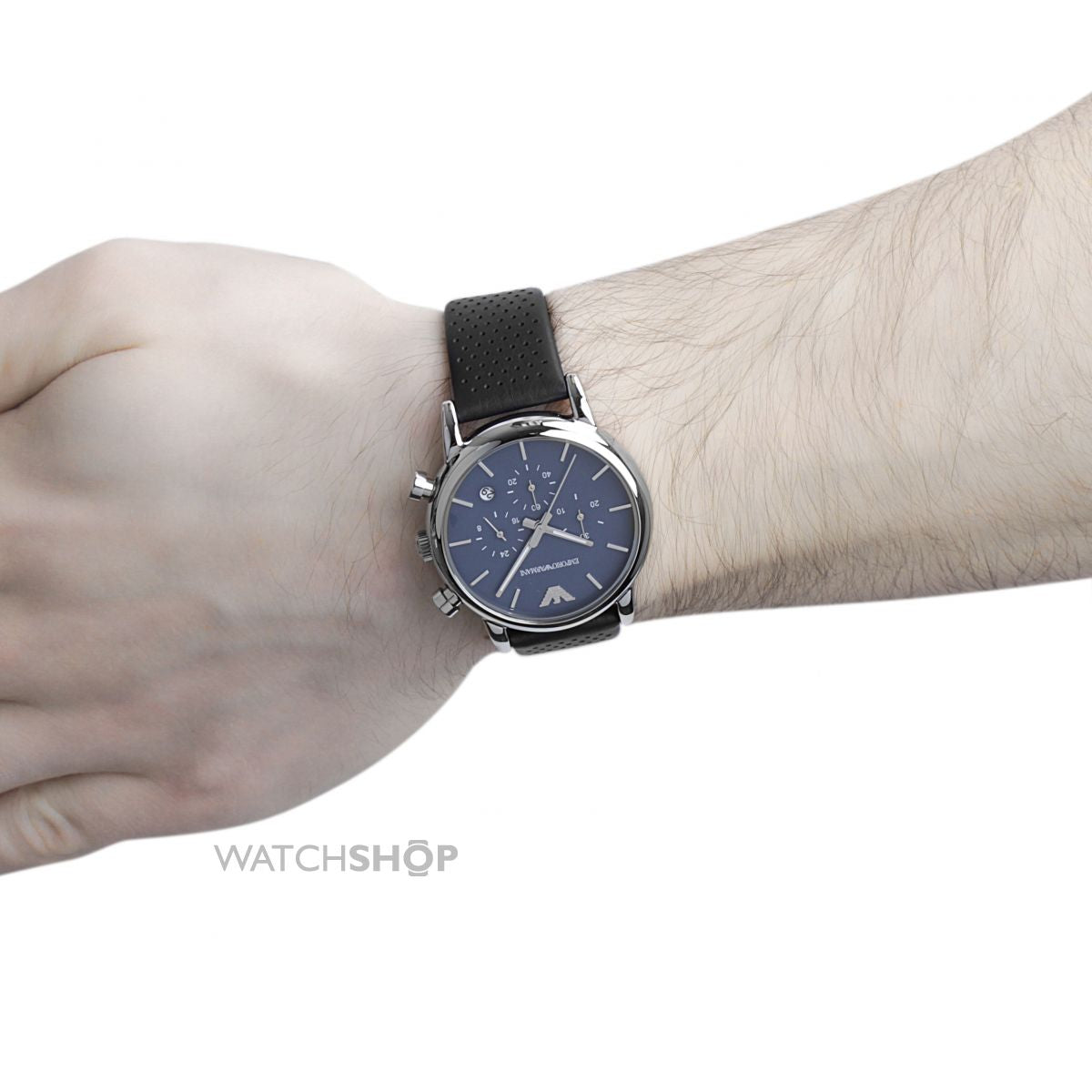 Emporio Armani Classic Chronograph Navy Dial Navy Leather Strap Men's Watch