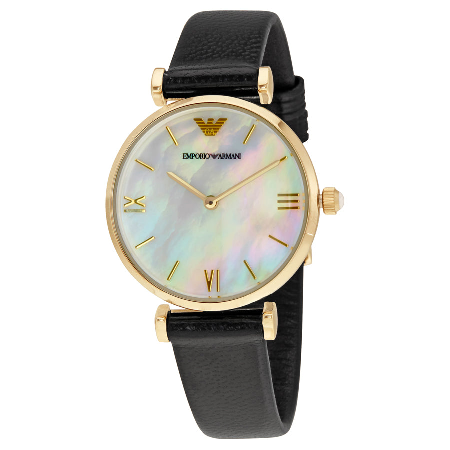 Emporio Armani Classic Mother Of Pearl Dial Black Leather Quartz Ladies Watch