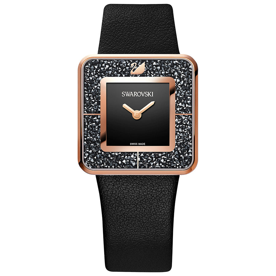 Swarovski Crystalline Square Watch, Leather Strap, Black, Rose Gold Tone
