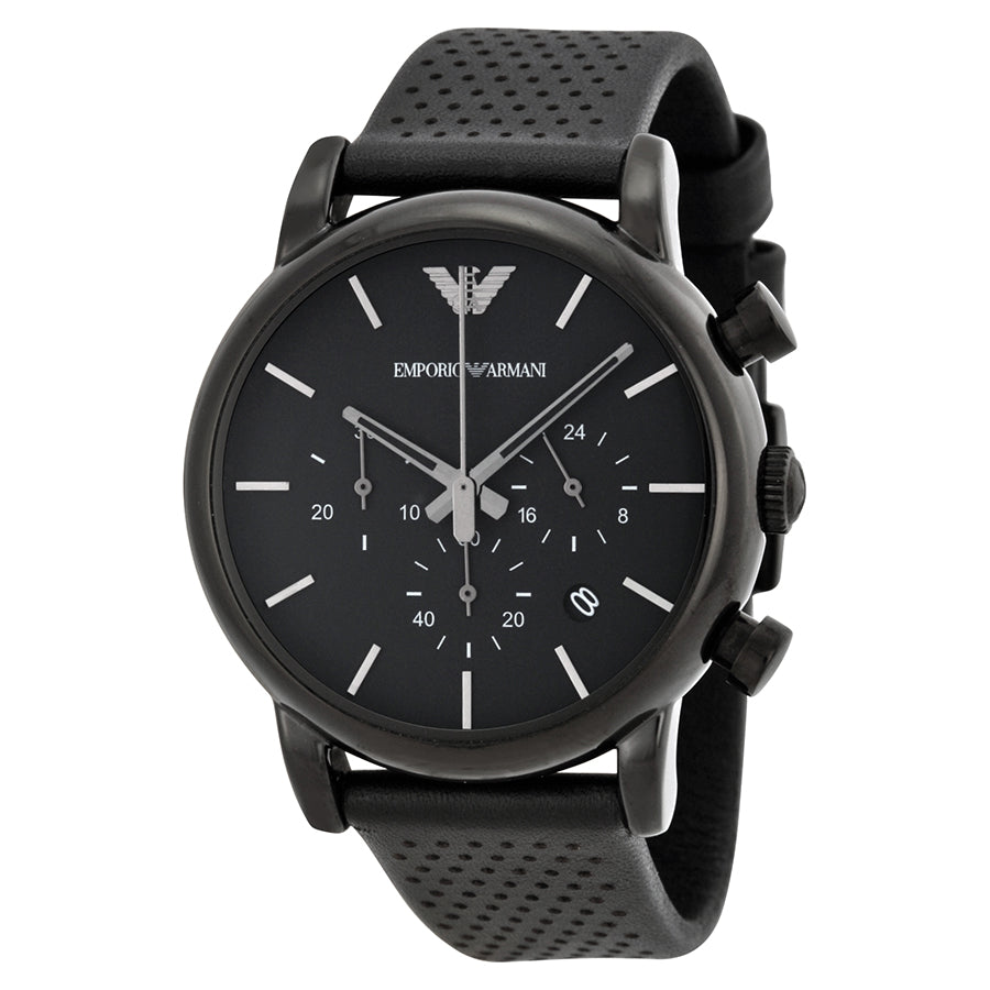 Emporio Armani Classic Chronograph Black Dial Black Leather Men's Watch