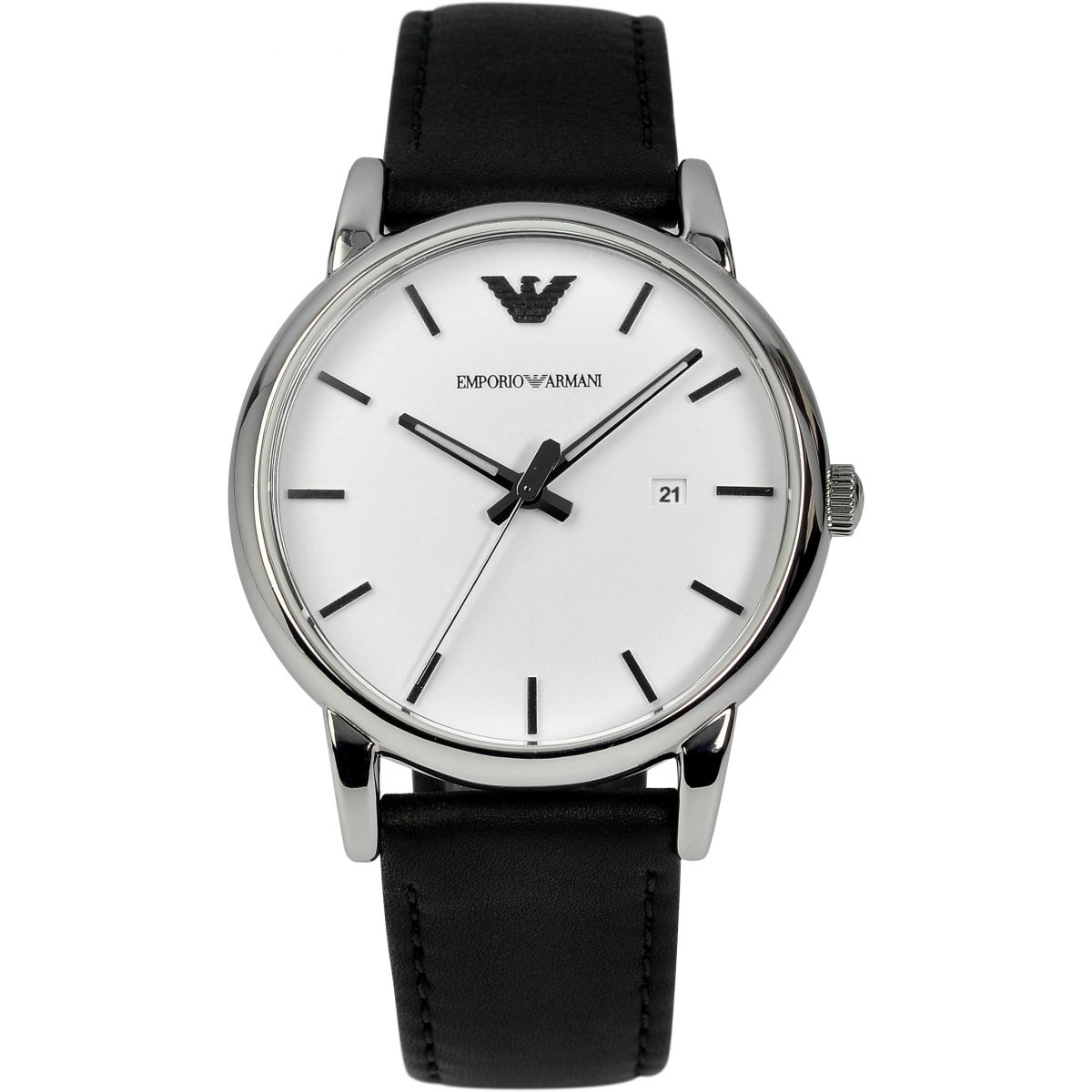 Emporio Armani Classic White Dial Black Leather Strap Men's Watch