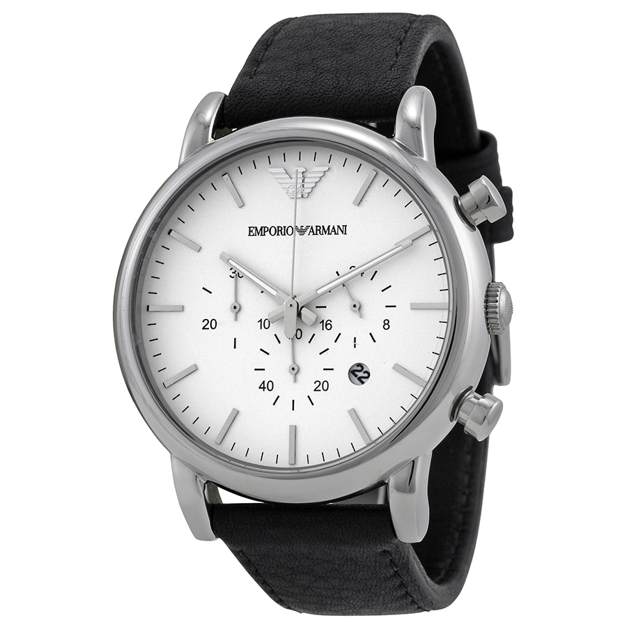 Emporio Armani Chronograph White Dial Black Leather Men's Watch