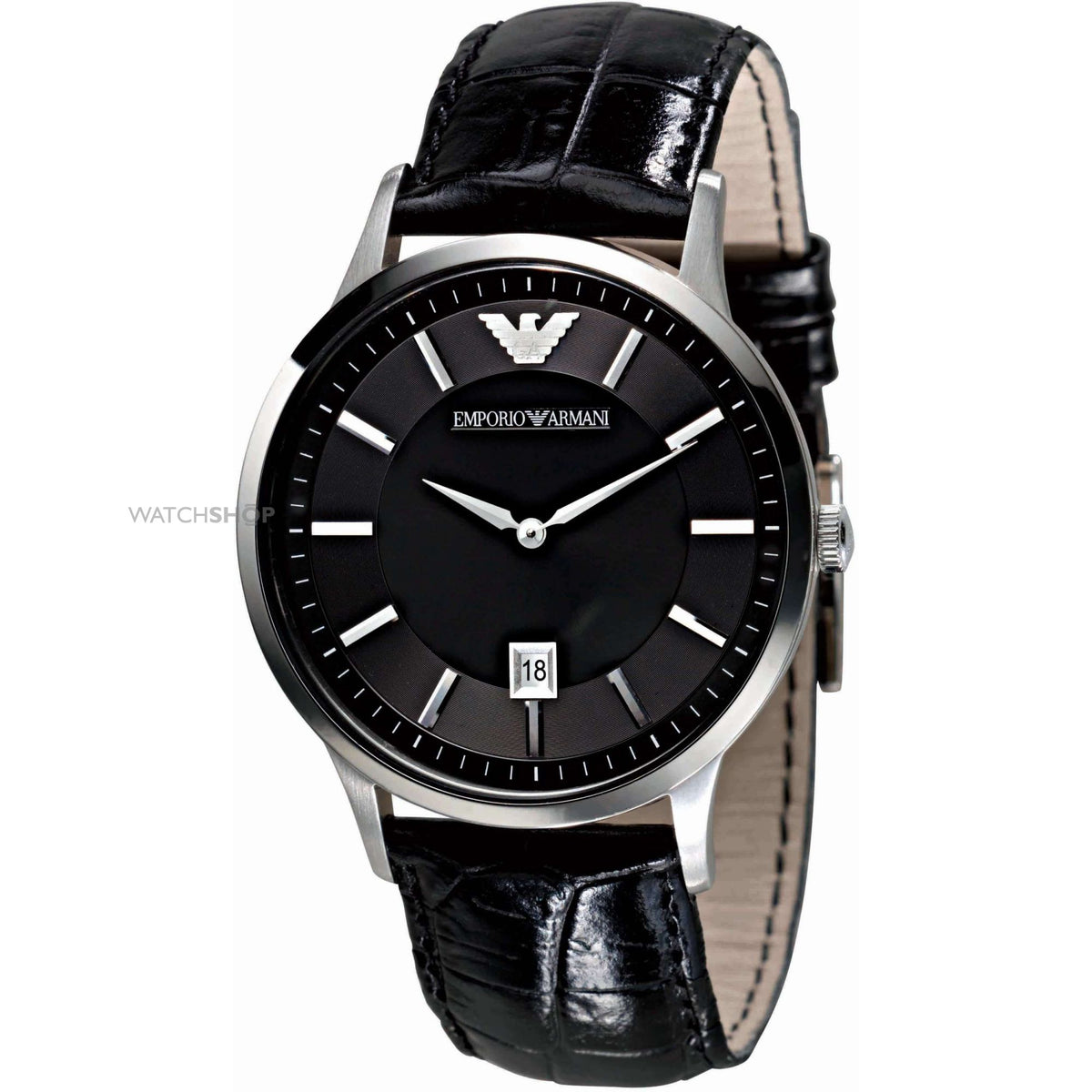 Emporio Armani Black Dial Black Leather Men's Watch
