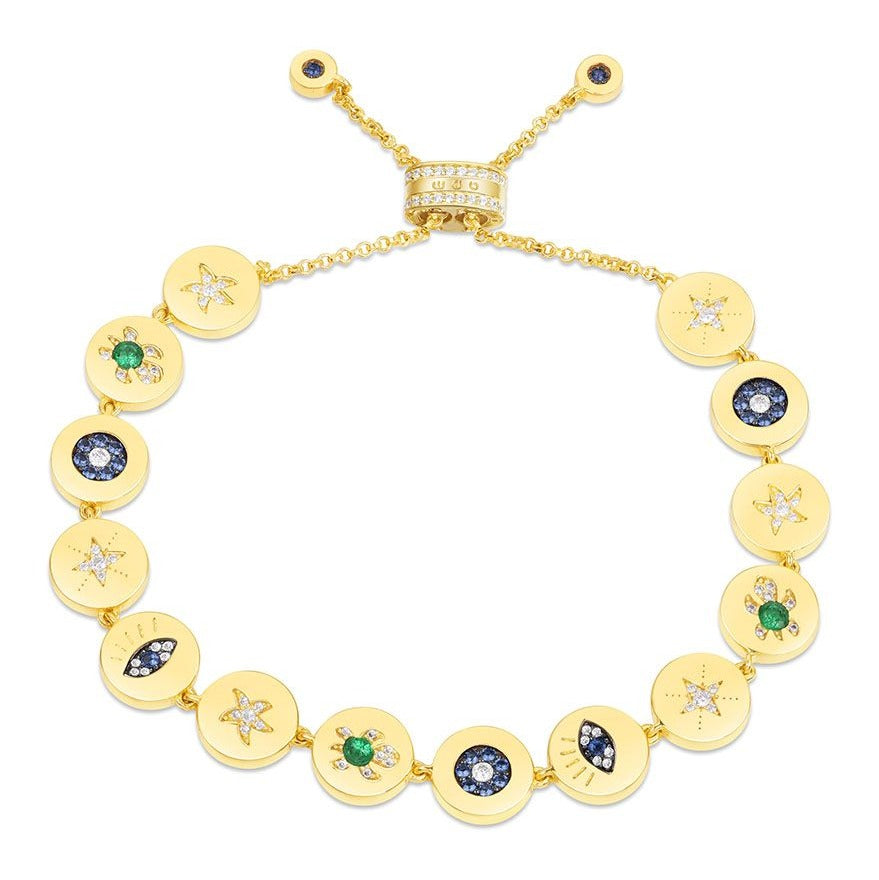 APM Yellow Silver Lucky Eye And Symbol Chain Pendant Bracelet